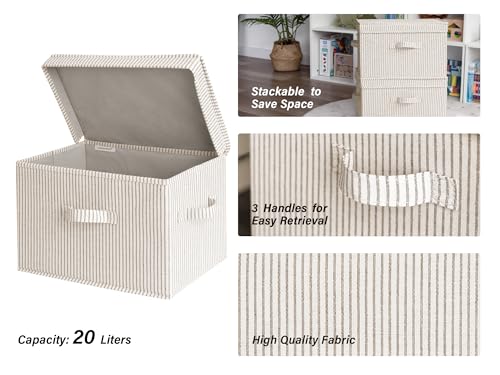 StorageWorks Fabric Storage Bins with Lid, Decorative Storage Boxes for Shelves, Stackable Closet Organizer Basket with Handles, Large, Khaki and Beige Stripes, 2-Pack - color: Khaki and Beige Stripes, size: Large