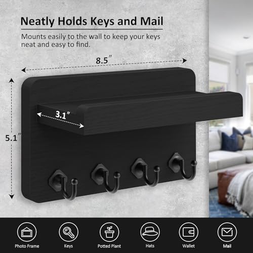 Nekon Key Holder Wall Mount, 8.5 Inch Small Home Decor Wooden Wall Organizer with 4 Hooks and Shelf, Key and Mail Holder for Living Room Entryway Kitchen (Black) - color: Black