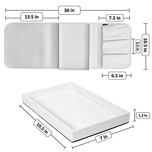 Anti Slip Armchair Caddy w/Detachable Wooden Snack Tray PU Leather Armrest Cup Holder Couch Arm for Recliner w/ 1 Big Pocket, 3 Small Pockets, Remote Control (White), 10.5Wx30L - color: White