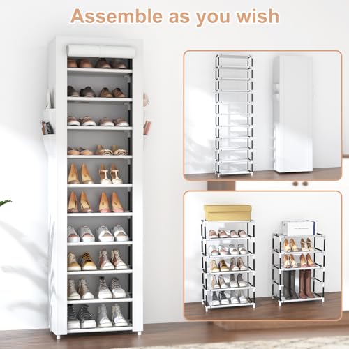 VTRIN Vertical Narrow Shoe Rack Organizer Tall Shoe Rack for Closet Entryway 10 Tier Non-Woven Cover Shoe Shelf Holds 20-22 Pairs Free Standing Shoe Storage Cabinet with Dustproof Cover, White - color: White, size: 17.7"W x11.8"D x 68.9"H