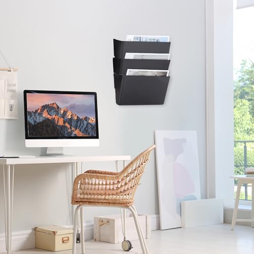 EASEPRES 3 Pack Black Plastic Single Pocket Hanging File Organizer, Wall Mount Paper Mails Magazines Holder, Mounted Folder Bins for Office School and Home, 12.99x4.13x7.48 inches - color: Black, size: 3 Pack