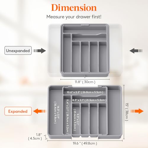 Lifewit Utensil Organizer for Kitchen Drawer, Expandable Cooking Silverware Tray, Adjustable Cutlery Flatware Holder, Plastic Spatula Tools Storage Divider, 11.8-19.6 x 15", Gray - color: Gray, size: L (11.8-19.6"W × 15"D )