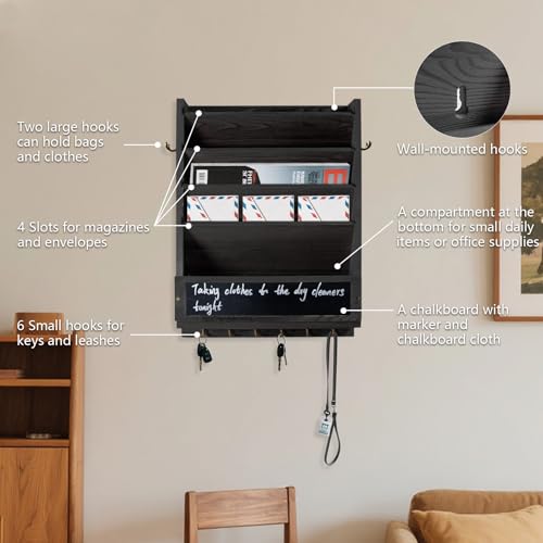 Rustic wall mail organizer,Key and Mail File Holder for Wall Mount，with 6 Key Hooks 2 Double Key Hooks A blackboard,for Home,Office, Classroom,Entryway Decor (black) - color: black
