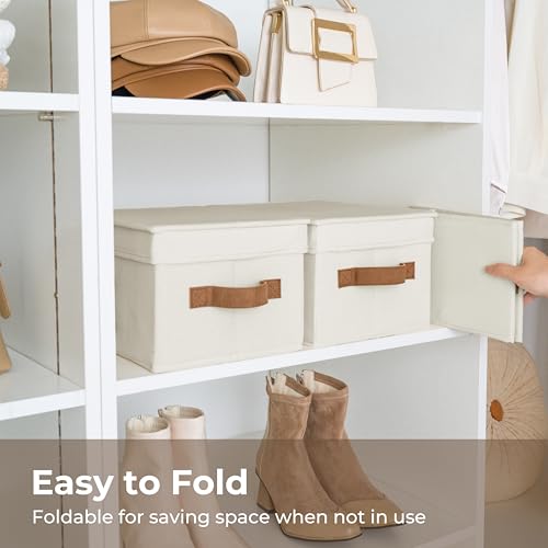 StorageWorks Storage Bins with Lids, Decorative Storage Boxes with Lid and PU Handles, Foldable Storage Baskets for Closet, Shelves, Stackable, Ivory, Medium, 3-Pack - color: Ivory, size: Medium