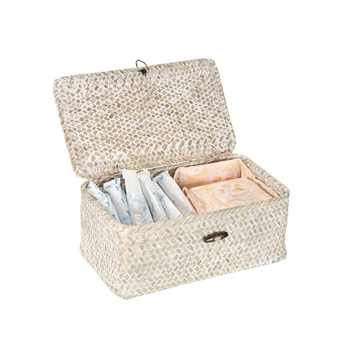 Sumnacon Wicker Basket with Lid Rectangle Woven Baskets for Toiletries Tampon Storage,Wicker Storage Basket with Lid,Decorative Seagrass Storage Baskets for Shelf Bathroom Toilet Table,Whitewash - color: Whitewash, size: X-Small