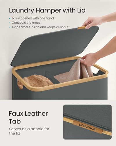 SONGMICS Laundry Hamper, Laundry Basket with Lid, Foldable Storage Basket, Bamboo Frame, for Bedroom, Living Room, Oxford Fabric, 37 Gal. (140 L), Slate Gray ULCB519GN01 - color: Slate Gray, size: 140 L (2-Section)