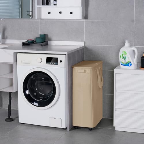 Vincona Slim Laundry Hamper with Lid and Wheels, Small Rolling Laundry Basket with Handle for Small Spaces, Tall Dirty Clothes Hampers for Dorm, Bathroom and Bedroom, 75L, Oatmeal - color: Oatmeal, size: 75L