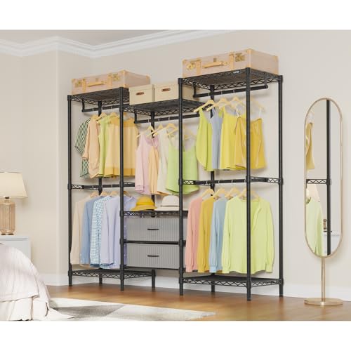VIPEK V20 Plus Clothes Rack, Metal Clothing Rack with 6 Shelves, 5 Hanging Rods & 2 Fabric Drawers, Freestanding Garment Rack for Bedroom & Walk-in Closet, Large Wardrobe Closet Max Load 850LBS, Black - color: Black, style: V20 Plus