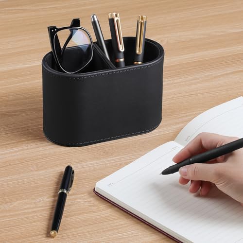 PU Leather Pen Holder for Desk, Small Remote Control Holder Pencil Cup Multifunctional Desktop Organizer Caddy for Home School Office Desk Accessories - 2 Compartments (Black) - color: Black