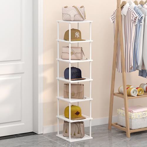 Vertical Tall Shoe Rack Organizer for Entryway -7 Tier Free Standing Slim Narrow Bamboo Wood Corner Stackable Shoe Boots Storage Stand Small Spaces for Closet Garage Cloakroom Living Room (White) - color: White, size: 7 Tier