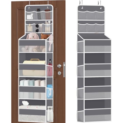 SpaceHacks 6-Tier Over the Door Organizer with Mesh Pockets, Baby Nursery Storage for Closet, Bathroom and Bedroom, Adjustable Hanging Closet Organizer for Cosmetics, Books and Essentials (Dark Grey) - color: Dark Grey, size: 6-Tier
