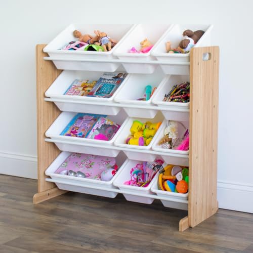 Humble Crew Toy Storage Organizer with 12 Removable Storage Bins for Kids Playroom, 4-Tier Toddler Toy Organization, Natural Wood/White - color: Natural Wood/White