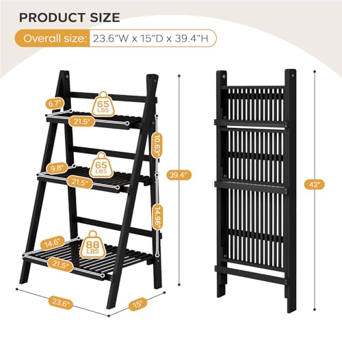oakvivo 39.4" Foldable Plant Shelf Ladder Shelf, 3 Tier Bamboo Ladder Flower Pot Display Shelf, Freestanding Ladder Bookshelf for Garden, Balcony, Yard, Living Room, 23.6" W x 15" D x 39.4" H, Black - color: 3-Tier Black