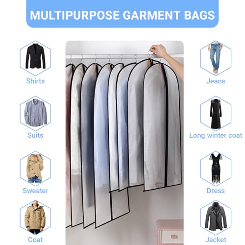 Garment Bag Covers (24''X55'' Set of 12) Lightweight White PEVA Breathable Bags with Study Full Zipper for Coat Protector Travel Laundry Wardrobe Closet - color: Black-Translucent, size: 24''X55''-12P