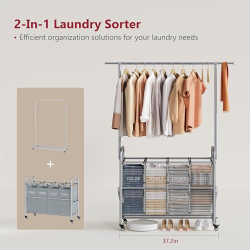 Tajsoon Laundry Sorter with Hanging Bar, 4 Section Rolling Laundry Hamper with Heavy Duty Lockable Wheels, Laundry Sorter Cart for Bathroom & Bedroom, Gray - color: Gray, size: 4 bag