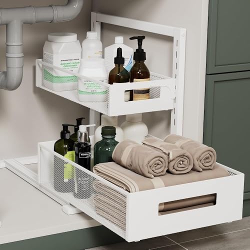 Petiza Under Sink Organizer Adjustable Height 2 Tier Bathroom Organizer Pull Out Cabinet Organer kitchen organizers and storage fridge organizers and storage,White,XL-1 Pack - color: white, size: Extra Large-1 pack