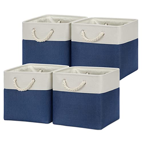 Temary Fabric Storage Cubes for Organizing 4Pack Blue Fabric Storage Basket 12 Inch Cube Storage Bins with Handles for Organizing Toys, Shelf Baskets for Home Office Closet (White&Blue) - color: White&blue, size: 12"L x 12"W x 12"H