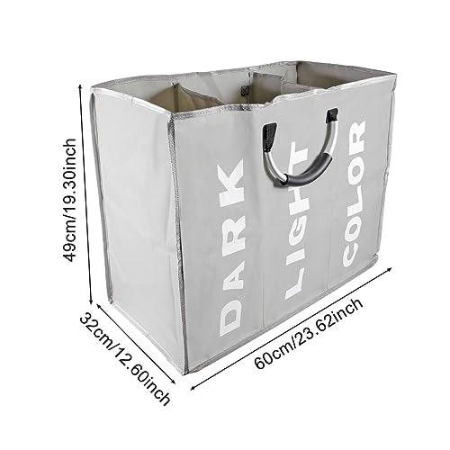 94L Foldable Laundry Basket with Handle Divided Laundry Hamper 3 Sections for Dirty Clothes 3 Compartment Collapsible Sorted Bag for School Dorm Bedroom Bathroom Closet Apartment (Light gray)