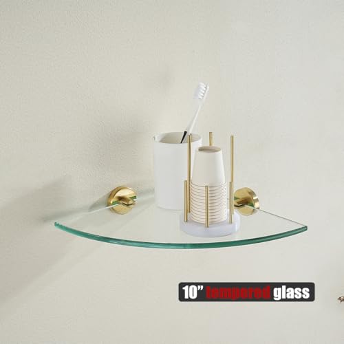 JQK Corner Glass Shelf, Brushed Gold Bathroom 304 Stainless Steel Shower Triangle Floating Wall Shelf, 10 x 10 Tempered Glass, 2 Pack TGS190L10-BG-P2 - color: Gold, size: 2 Pack