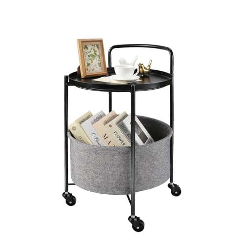 Round Metal Side Table with 2 Tiers of Storage and Wheels, Cart Side Table Tray for Living Room, Bedroom, Black - color: Black