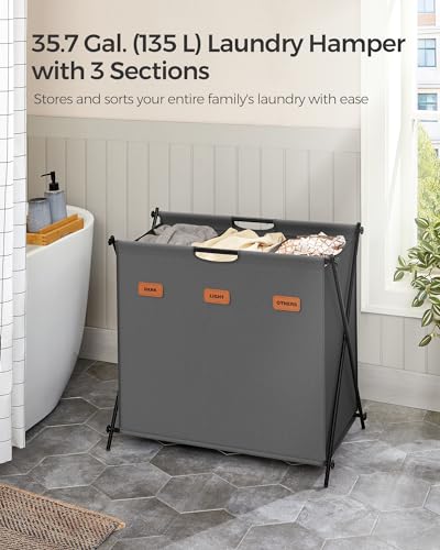 SONGMICS Laundry Hamper, Laundry Basket, 35.7 Gal. Laundry Sorter 3 Sections, Collapsible X-Frame, Clothes Organizer with Customizable Labels, Laundry Room, Bedroom, Bathroom, Slate Gray ULCB130G01 - color: Slate Gray, size: 135 L