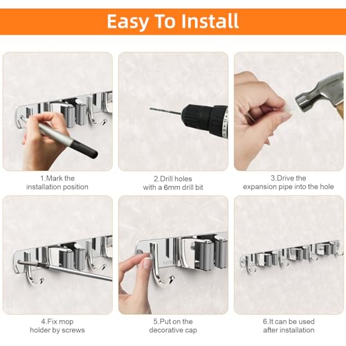 CUXIXA Broom and Mop Organizer Wall Hanging, Upgraded Mop and Broom Holder Wall Mount, Stainless Steel Broom Hanger Wall Mount for Laundry Room Organization and Storage（5 Racks with 4 Hooks） - color: Silver, size: 5 Racks with 4 Hooks