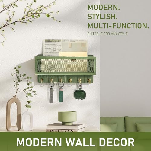 Rebee Vision Pine Wood Mail and Key Holder for Wall Decorative – Key Holder Wall Mount with Hooks and Mail Basket for Home Essentials – Wooden Farmhouse Storage Rack for Apartment (Green) - color: Green