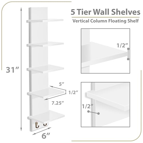 Sorbus 5 Tier Wall Shelf Unit with Hooks, Vertical Column Utility Shelving for Home Decor and Storage Organizer, Wall-Mounted Floating Shelves for Bathroom Storage, Bedroom (2 Pack) - color: White, size: 2 Pack