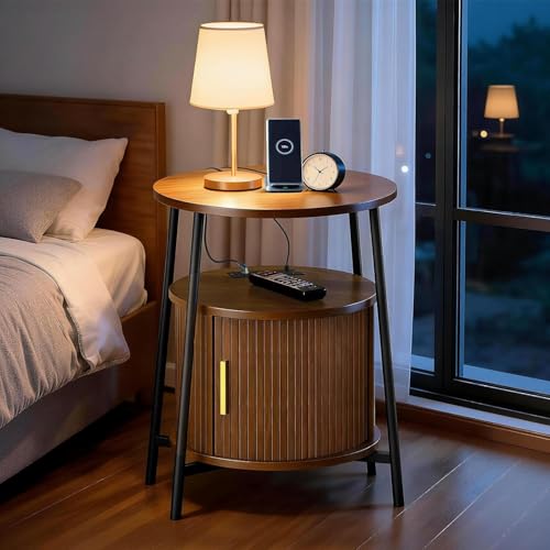 Round End Tables Set of 2: Fluted Side Table with Drawer & Charging Station, Mid-Century Modern Nightstand with Sliding Door for Small Space Storage, Living Room, Bedroom - color: Walnut, size: 2 PACK