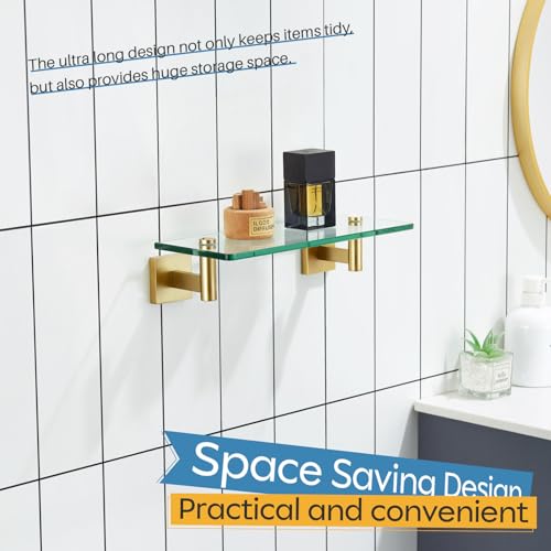 KOKOSIRI Wall Shelves Floating Shelf 12'' Stainless Steel Bathroom Hardware Tempered Glass Small Hanging Rack for Storage/Room Decor Gold B1105BG-L12 - color: Brushed Gold, size: 12-Inch