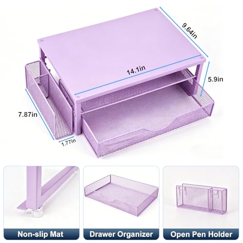 Spacrea Desk Organizer and Accessories, Computer Monitor Stand Riser with Drawer and 1 Open Pen Holder, Printer & Laptop Stand, Office Desk Accessories for Home Office Supplies (Purple) - color: Purple - Metal Drawer
