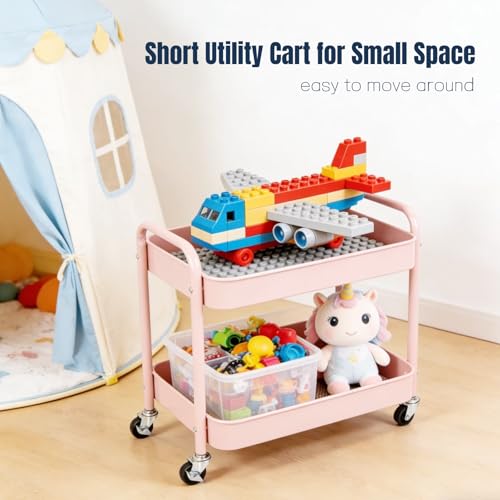 2 Tier Pink Rolling Cart with Wheels for Under Desk Storage, Large Capacity Rolling Pantry & Kitchen Storage Cart for Small Space, Sturdy Metal Bathroom Shelf Laundry Room Organization - color: Pink