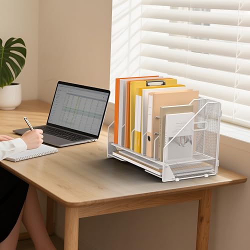 Desk File Folder Holder Organizer-5 Vertical Compartments Racks and Paper Letter Tray,Mesh Magazine File Holder Sorter,Desktop Accessories & Workspace Organizers for Home,Office,School-White - color: 5 Compartments-white