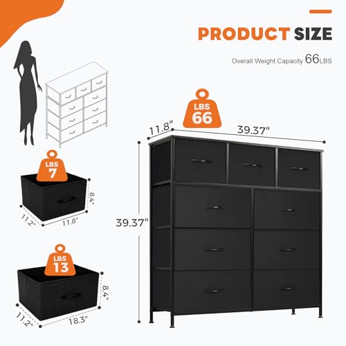 Sweetcrispy 9-Drawer Fabric Dresser Storage Tower with Wood Top and Steel Frame, Organizer Chest with Easy Pull Handles for Bedroom, Closet, Hallway,Classic Black - color: Black, size: 11.8"D x 39.6"W x 39.8"H (9 Drawers)