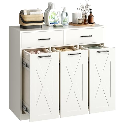 Herture Laundry Hamper Cabinet, Laundry Basket 3 Section with 2 Storage Drawers, Laundry Sorter with Pull-Out Removable Large Bags, 3 x 15.87 Gallons (60L), for Laundry Room Bathroom, White YL01XLW