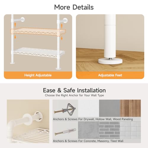 ONBRILL L7 Wall Mounted Industrial Pipe Clothing Rack – Heavy Duty Modular Closet System with 9 Hanging Rods ( 6 Expandable) & 10 Adjustable Shelves, Corner Garment Rack, Large Wardrobe - White - color: White
