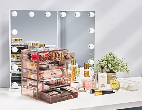Sorbus Acrylic Makeup Organizer Set, 6-Drawer Vanity & Countertop Cosmetic Storage with Small & Wide Drawers, Pink Makeup Storage for Brushes, Lipsticks, Jewelry – Holiday Gift for Women & Teens - color: Pink, style: 4 Large, 2 Small Drawers