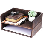 2 Pcs Stackable Desk Tray, Wood Document Organizer, Retro Brown Desktop Accessories with Open Front Design, Wooden Folder Organization Rack Desk Tray for Office, Home, 12.4 x 9.4 x 3.5 in