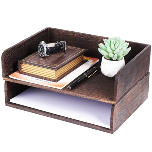 2 Pcs Stackable Desk Tray, Wood Document Organizer, Retro Brown Desktop Accessories with Open Front Design, Wooden Folder Organization Rack Desk Tray for Office, Home, 12.4 x 9.4 x 3.5 in