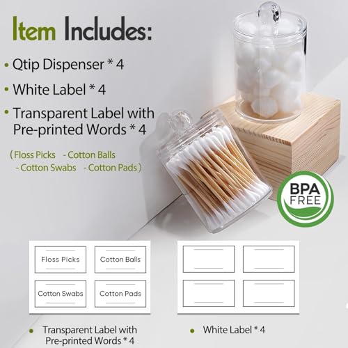 4 Pack Acrylic Qtip Holder Dispenser for Cotton Swabs, Balls, Pads, Floss Picks- Small Clear Acrylic Canister Apothecary Jar Set, Bathroom Essentials Accessories Decor, Vanity Makeup Storage Organizer - color: Clear, size: 4 Pack
