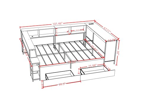Corner Bed Frame Queen with Storage Bookshelf & Desk, U-Shaped Daybed Frame with 2 Drawers, Metal Corner Beds with Charging Station & LED Lights for Bedroom, Flip Left or Right (Black, Queen) - color: Black, size: Queen