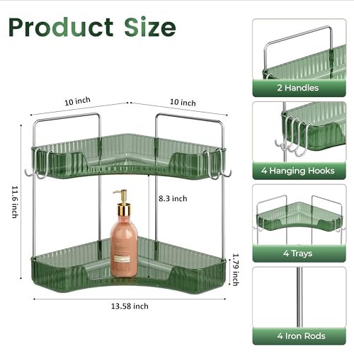 Corner Counter Organizer, 2-Tier Bathroom & Kitchen Storage Tray with Hooks | PET Green Vanity Organizer for Skincare, Makeup & Jewelry - color: Green, size: 2 Tier