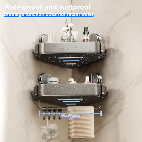 Mustorn Suction Cup Shower Caddy Corner, 1 Pack Suction Corner Shower Shelves No Drilling, Rustproof Shower Organizer Suction Cup with Towel Holder & Hooks Removable Bathroom Storage Rack(Gray) - size: 1 Pack