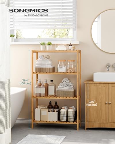 SONGMICS Bamboo Storage Shelf, 4-Tier Shelving Unit, Multifunctional, in The Entryway, Bathroom, Living Room, Balcony, Kitchen, 10.2 x 23.6 x 39.4 Inches, Light Bamboo UBCB034Y01 - color: Light Bamboo, size: 4 Tiers (10.2"D x 23.6"W x 39.4"H)