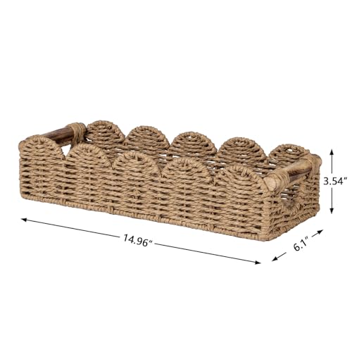 CubesLand Bathroom Basket Organizer w/Cut Out Handle, Back of Toilet Paper Storage Baskets Tray for Bathroom Countertop Decorative, Scalloped Wicker Basket Also for Home Decor, Living Room, Neutral - color: Neutral