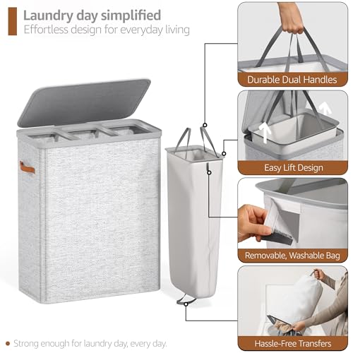 Sorbus Laundry Hamper with Lid - Collapsible 3-Compartment Fabric Laundry Basket with Handles and Removable Laundry Bag – 50 Gallon (190 L) Dirty Clothes Hamper for Bedroom, bathroom and dorm (Gray) - color: Gray, size: 3 Compartment