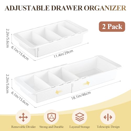 2 Pcs Expandable Drawer Organizer Bins Adjustable Deep Drawer Hanging Organizer Tray Expandable 11.4 to 18.1 Inches Plastic Dividers Storage for Office Bathroom Bedroom Kitchen Desk, White
