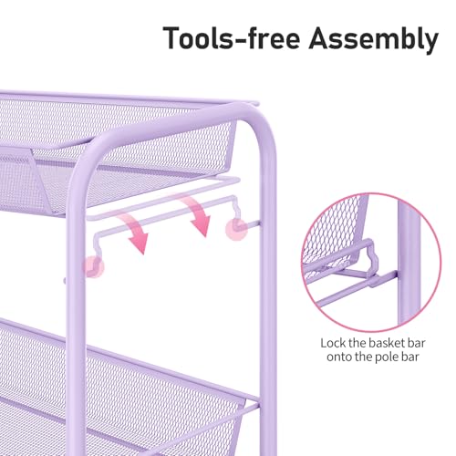 TOOLF 3-Tier Metal Rolling Cart, Mesh Wire Easy Assemble Utility Cart, Storage Trolley on Wheels with 3 Hooks, MetalStorage Shelving Units for Kitchen Bathroom Laundry Room - color: Purple, size: 3-Tier