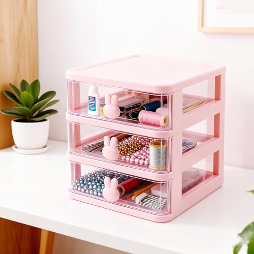 Desk Organizer with Drawer, Stackable Makeup Organizer White, Small Plastic Storage Box for Desktop, Bathroom Counter or Dresser, School, Home, Office (Pink-5 Tier) - color: Pink-5 Tier