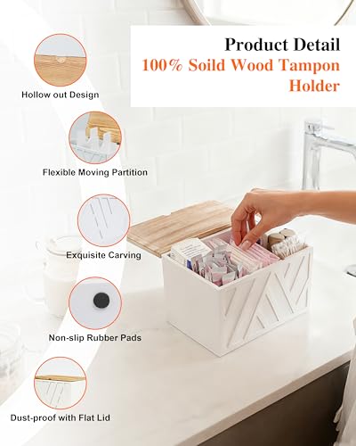 Tampon Holder for Bathroom Decor Feminine Product Organizer With Lid Shark Week Box Wooden Pad Girl Stuff Box (BLACK, lid) (1, WHITE) - color: White